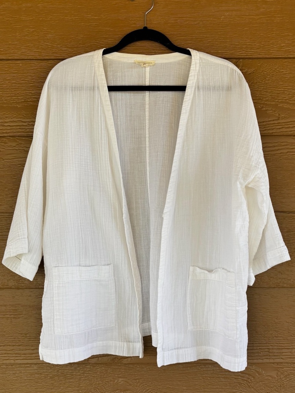 Eileen Fisher Organic Cotton Ivory/White Lightweight Open-Front Cardigan -Sz L